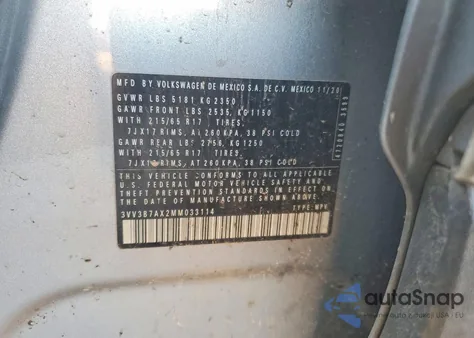 2021 Volkswagen Tiguan Se z USA, uszkodzony, nr VIN 3VV3B7AX2MM033114